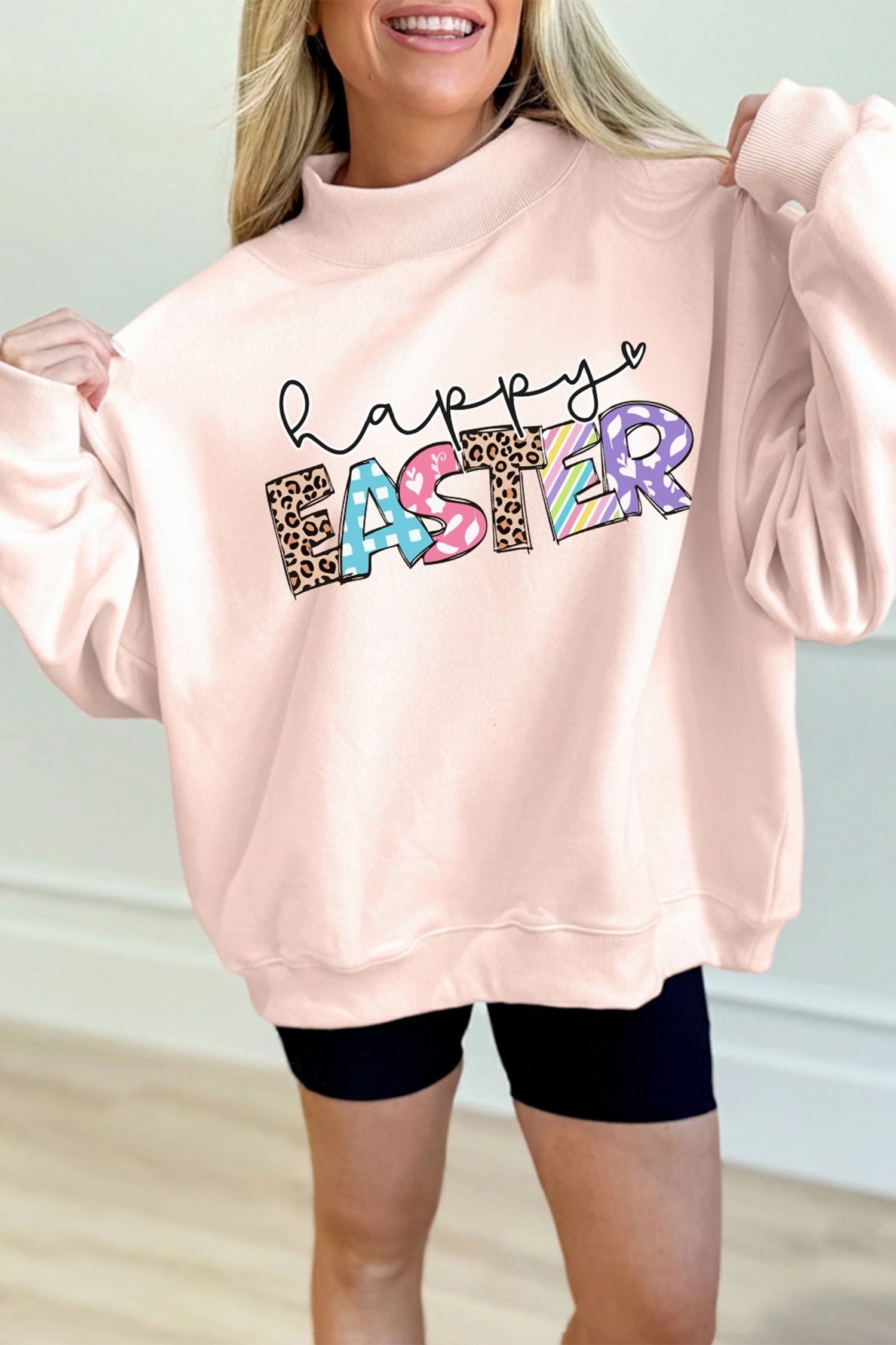 Apricot Pink Happy Easter Playful Letter Printed Sweatshirt